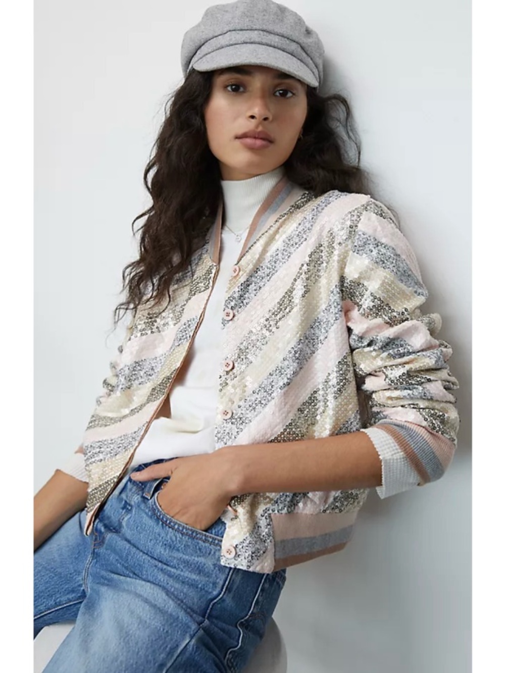 Anthropologie Bl^nk London Sadie Sequin Striped Crop Bomber Jacket Pink